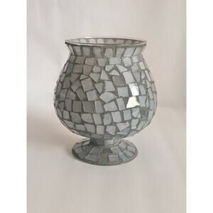 Vintage Mosaic Glass Pedestal Vase CandleHolder 8” tall Silvery Gray